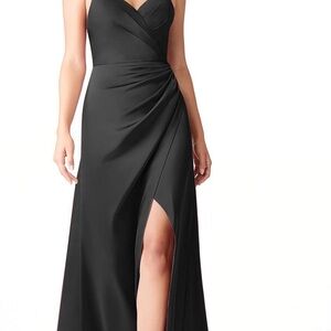 Azazie Black stretch satin Maxi Dress with Slit
